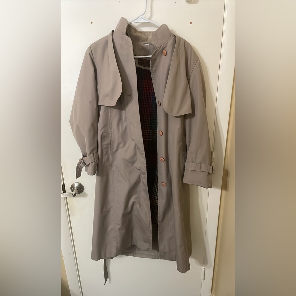 Fleet Street Trench-coat with removable multicolored liner and belt.